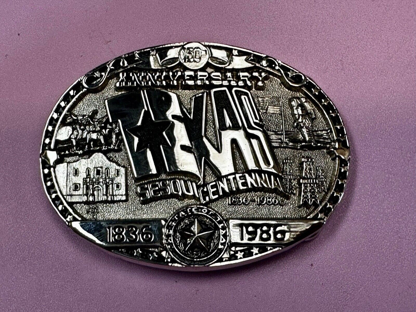 Texas Official 1986 Sesquicentennial ADM Belt Buckle - Oil rig, Alamo Lone Star