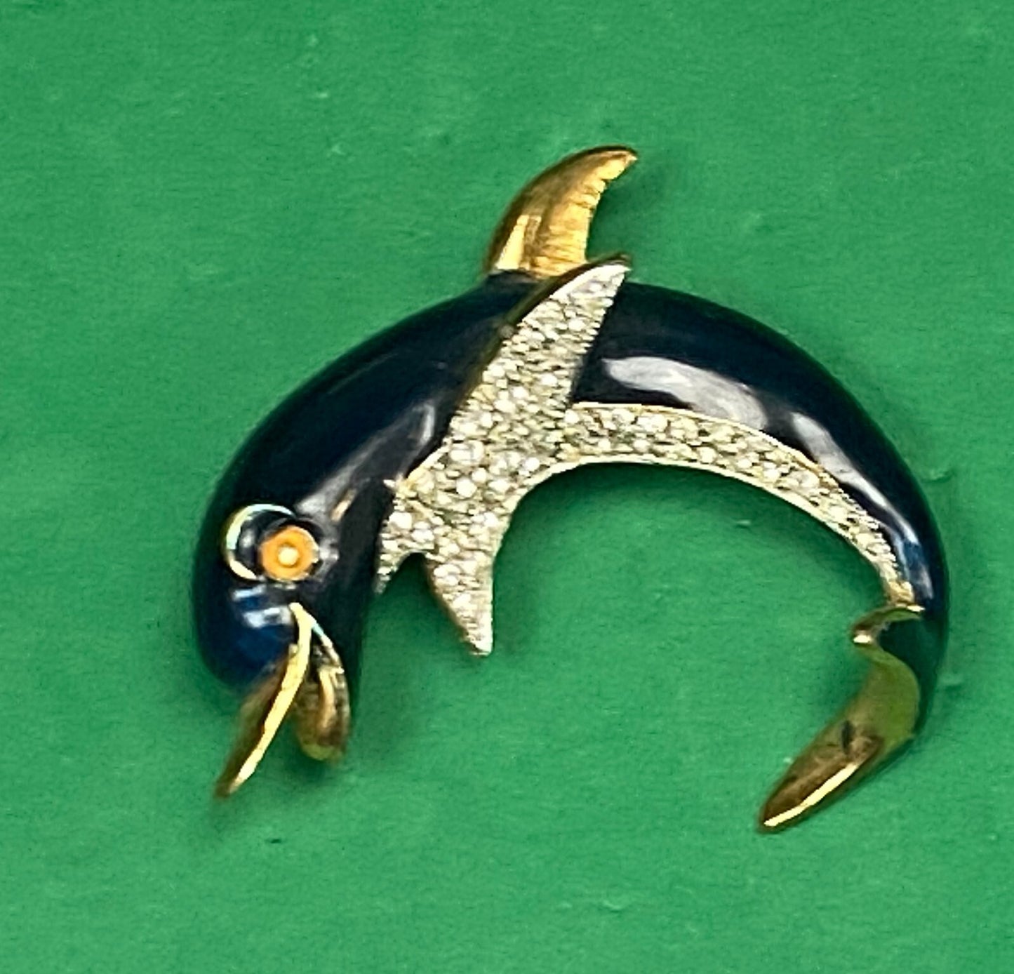 Black Curved Dolphin Enameled with Rhinestone Accents Vintage Brooch Pin