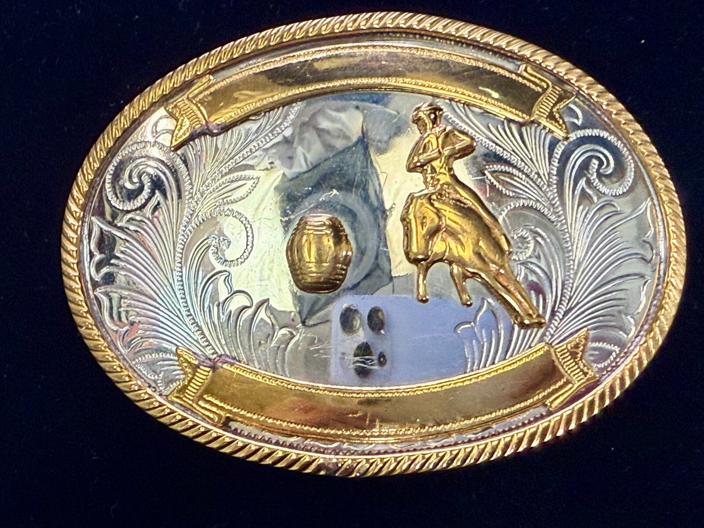 Vintage Barrel Racing Trophy Award Blank Ribbon Vtg. German Silver Belt Buckle