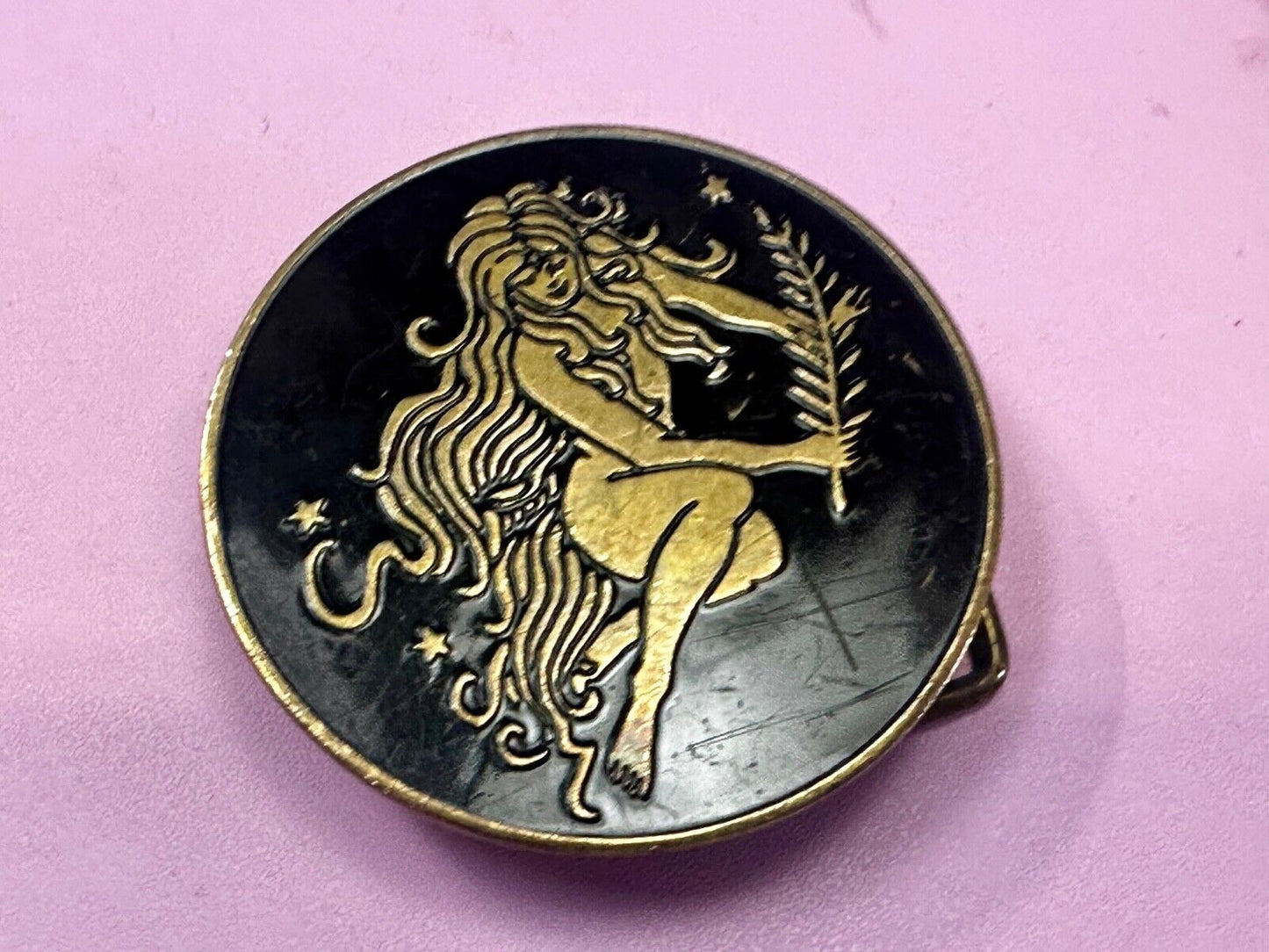 Beautiful Woman Stars Long Hair Hippie Boho Round Solid Brass Baron Belt Buckle