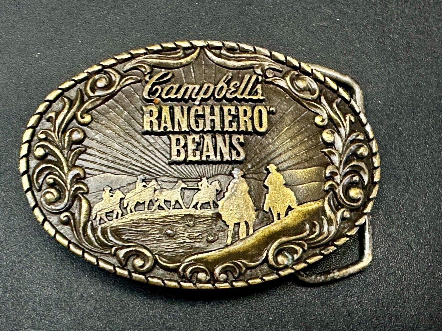 Vintage Campbells Soup Ranchero Beans Western Cowboy Chuck Wagon Belt Buckle