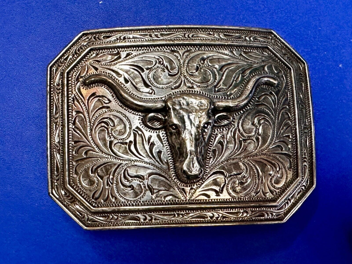 Texas Longhorn Cow Head Steer Ornate Silver Color Western Cowboy Belt Buckle