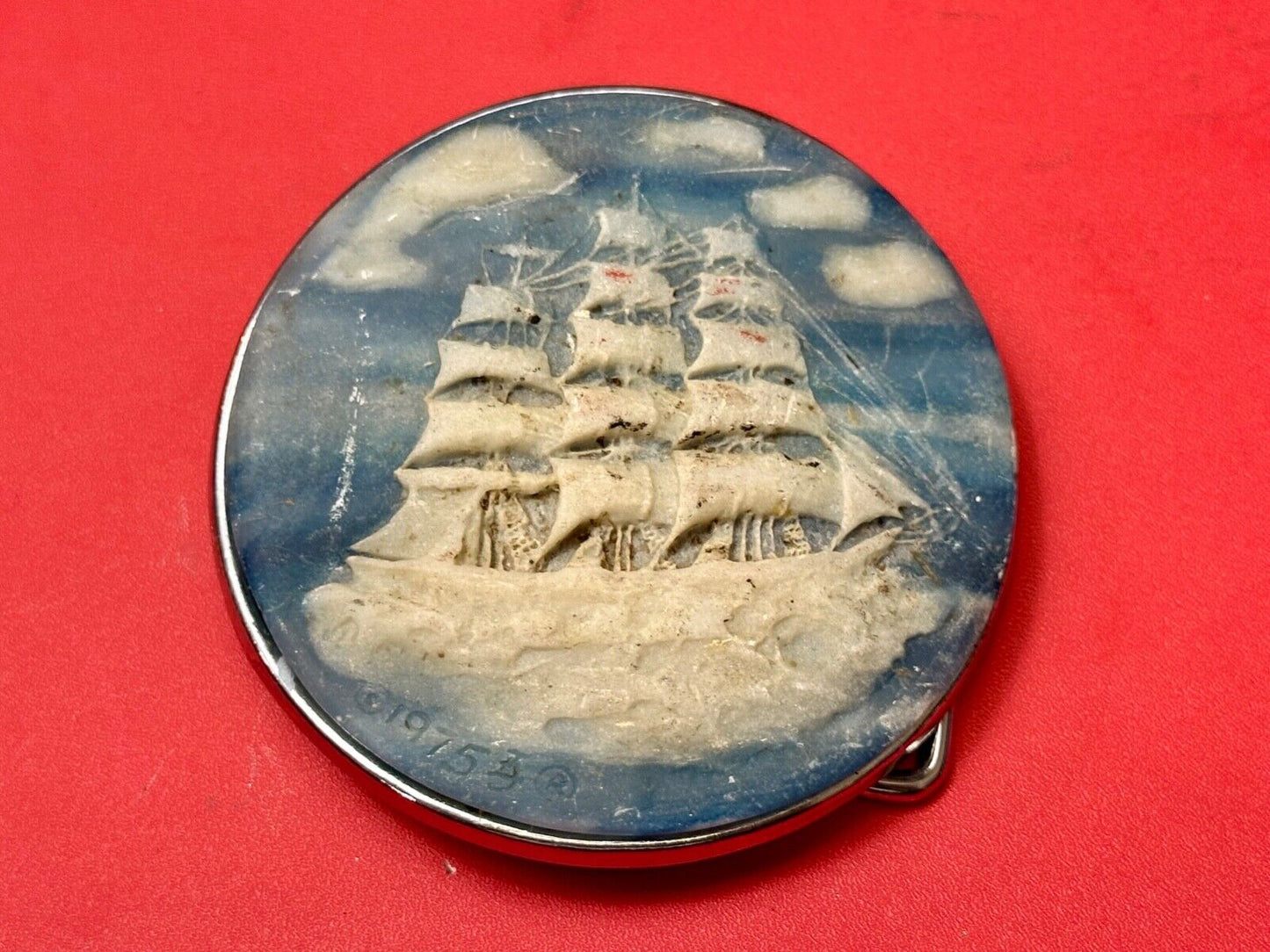 3-Masted Schooner Ship Carved Incolay Stone Cameo Vintage 1975 belt buckle