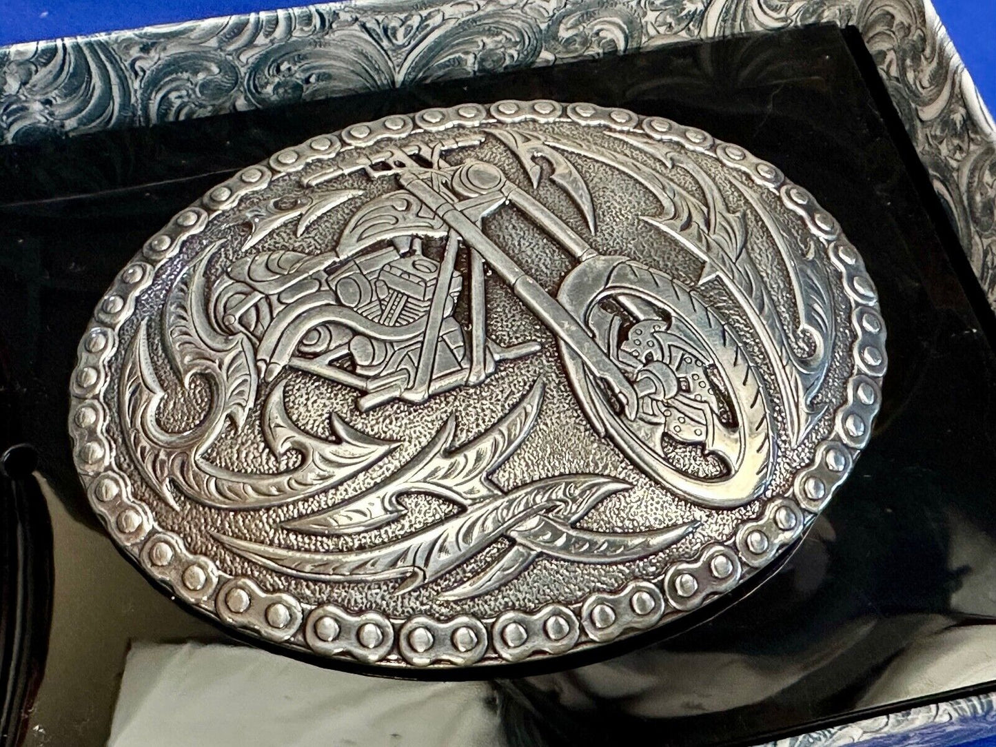 Biker Motorcycle Chopper Designed silver tone oval Crumrine Belt Buckle in box