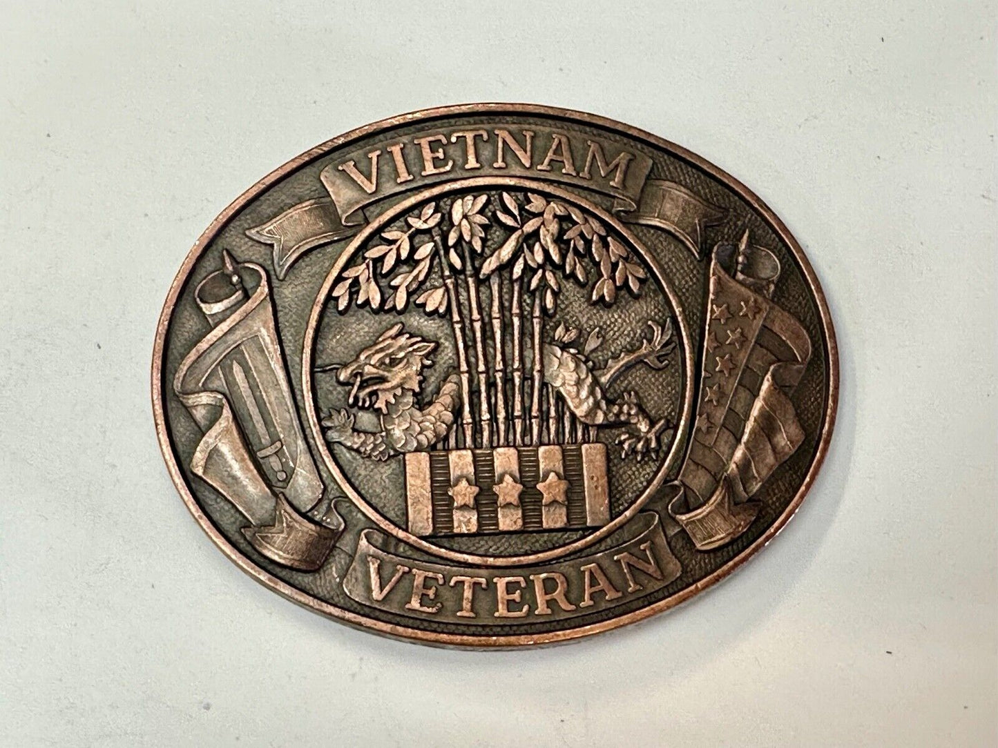 Vietnam War Veteran - vintage dragon, Patriotic American Flag oval belt buckle