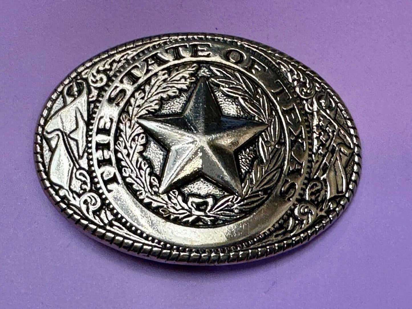 The Great State of TEXAS Star Flag Olive Branch Gold Tone Oval Belt Buckle