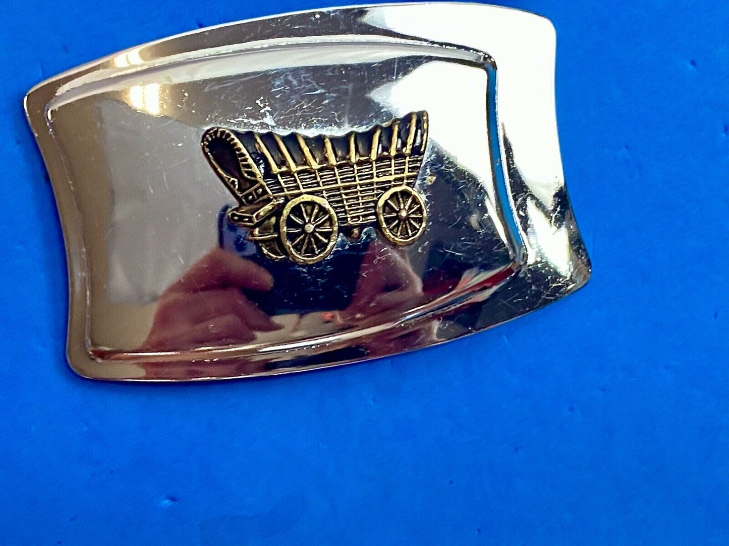 Vintage Covered Wagon Train Style Mirrored Belt Buckle Western Cowboy