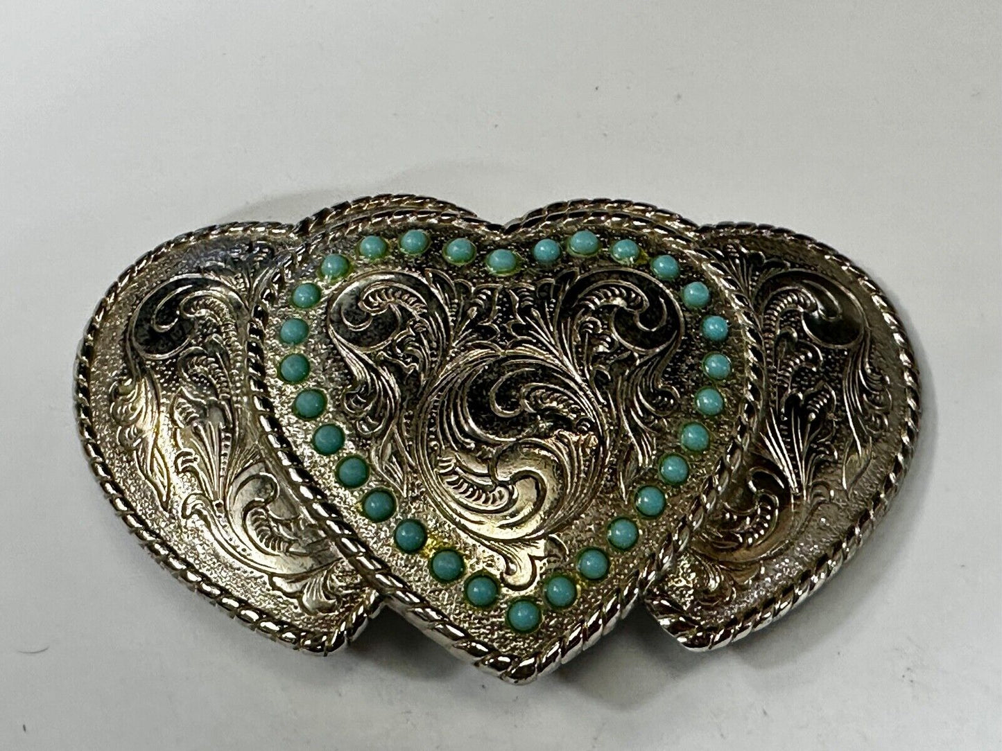 Triple 3 Hearts - Turquoise Colored Accented Or Outlined Three Heart Belt Buckle
