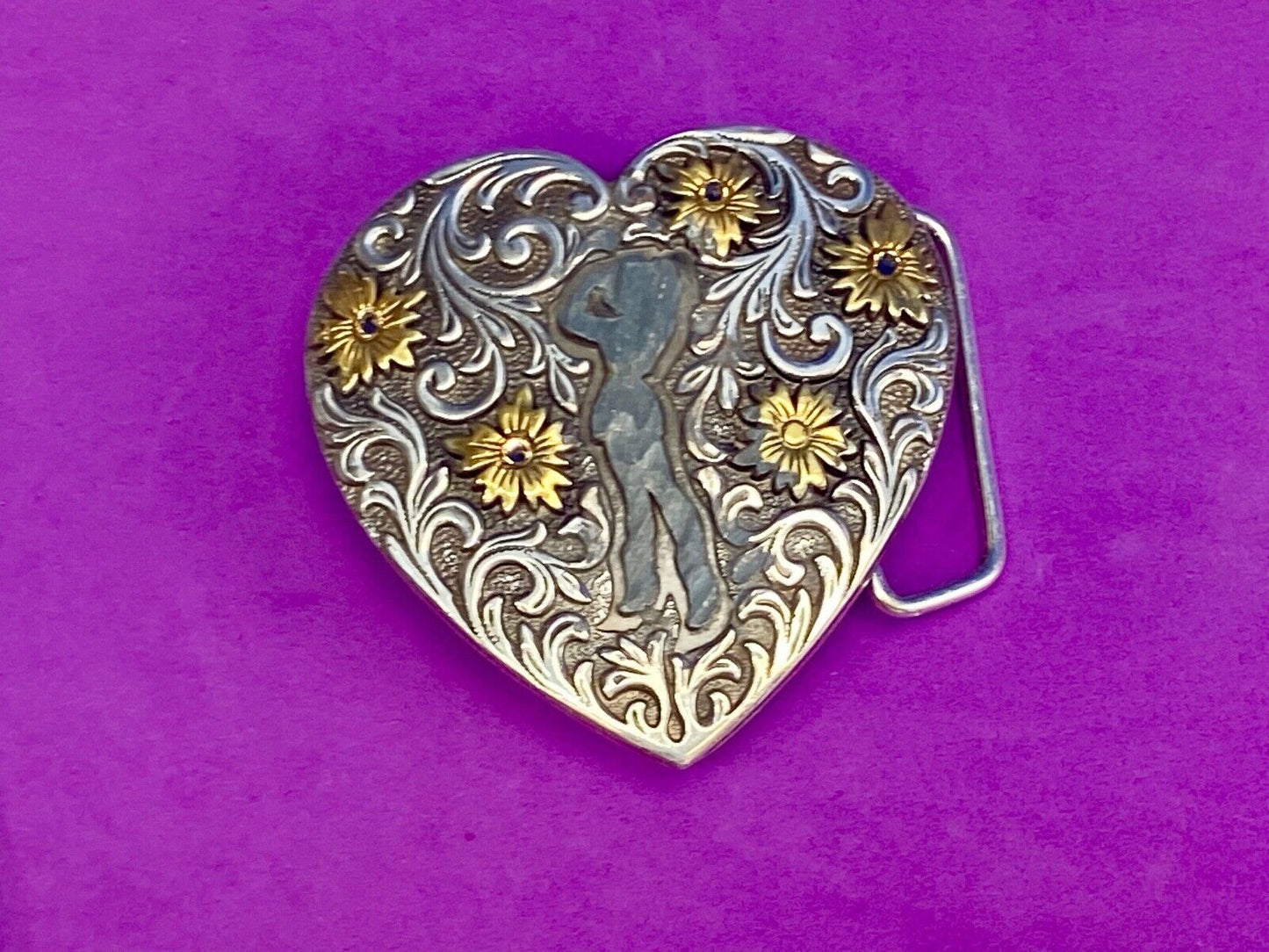 2007 Ivan belt buckle - Western HEART figure of cowgirl? w/ gold color accents