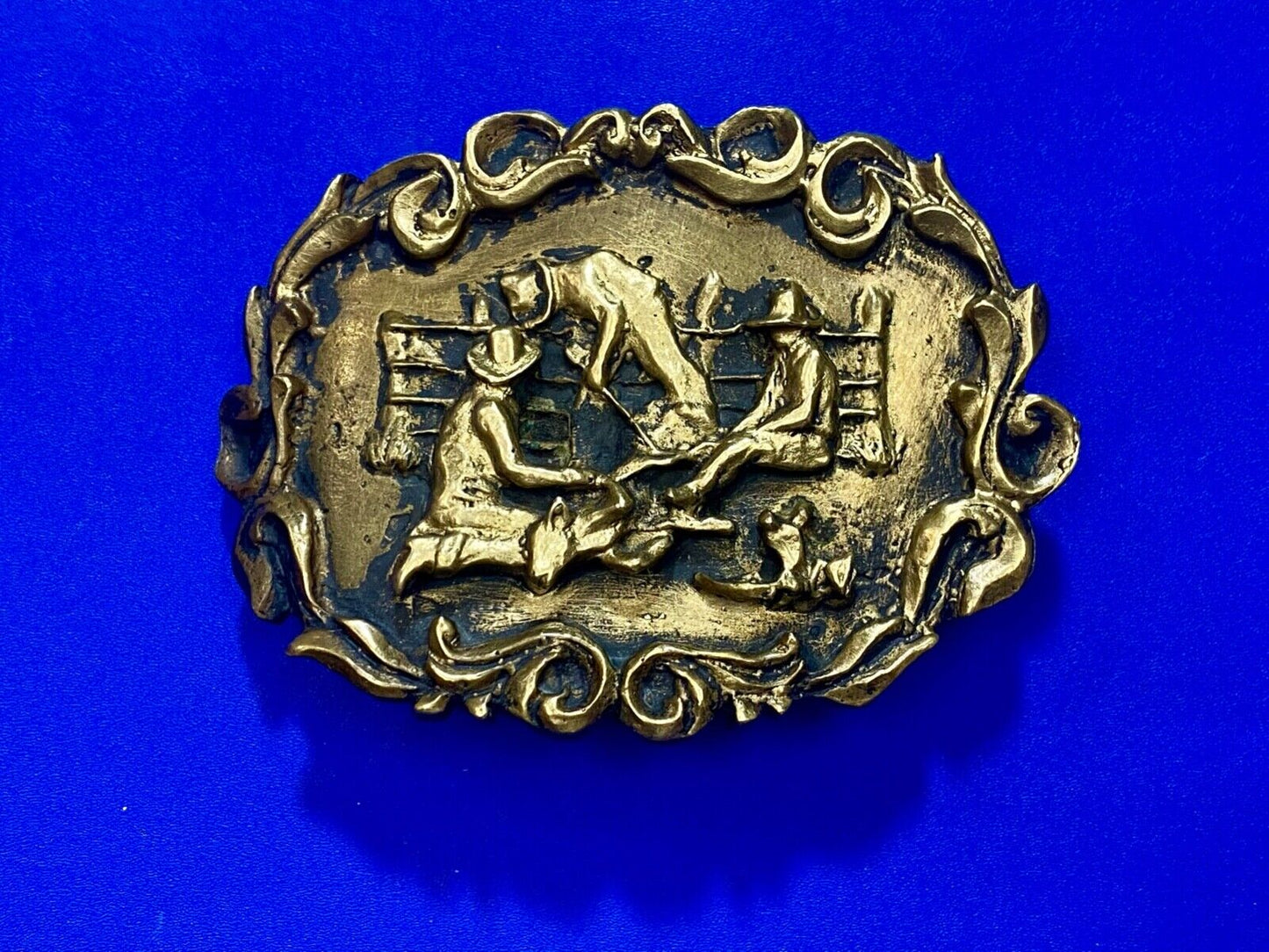 Three Cowboys Roping calf on the farm SOLID BRASS western belt buckle