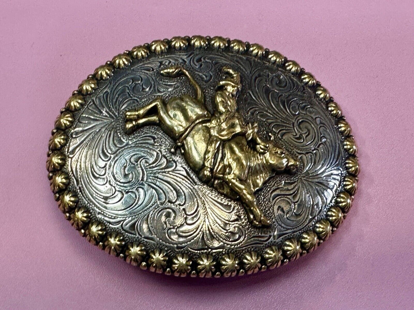 Vintage Cowboy Saddle Bronc western 4" oval belt buckle with star boarder