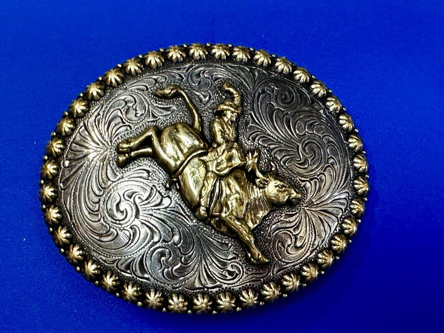 Vintage Cowboy Saddle Bronc western 4" oval belt buckle with star boarder
