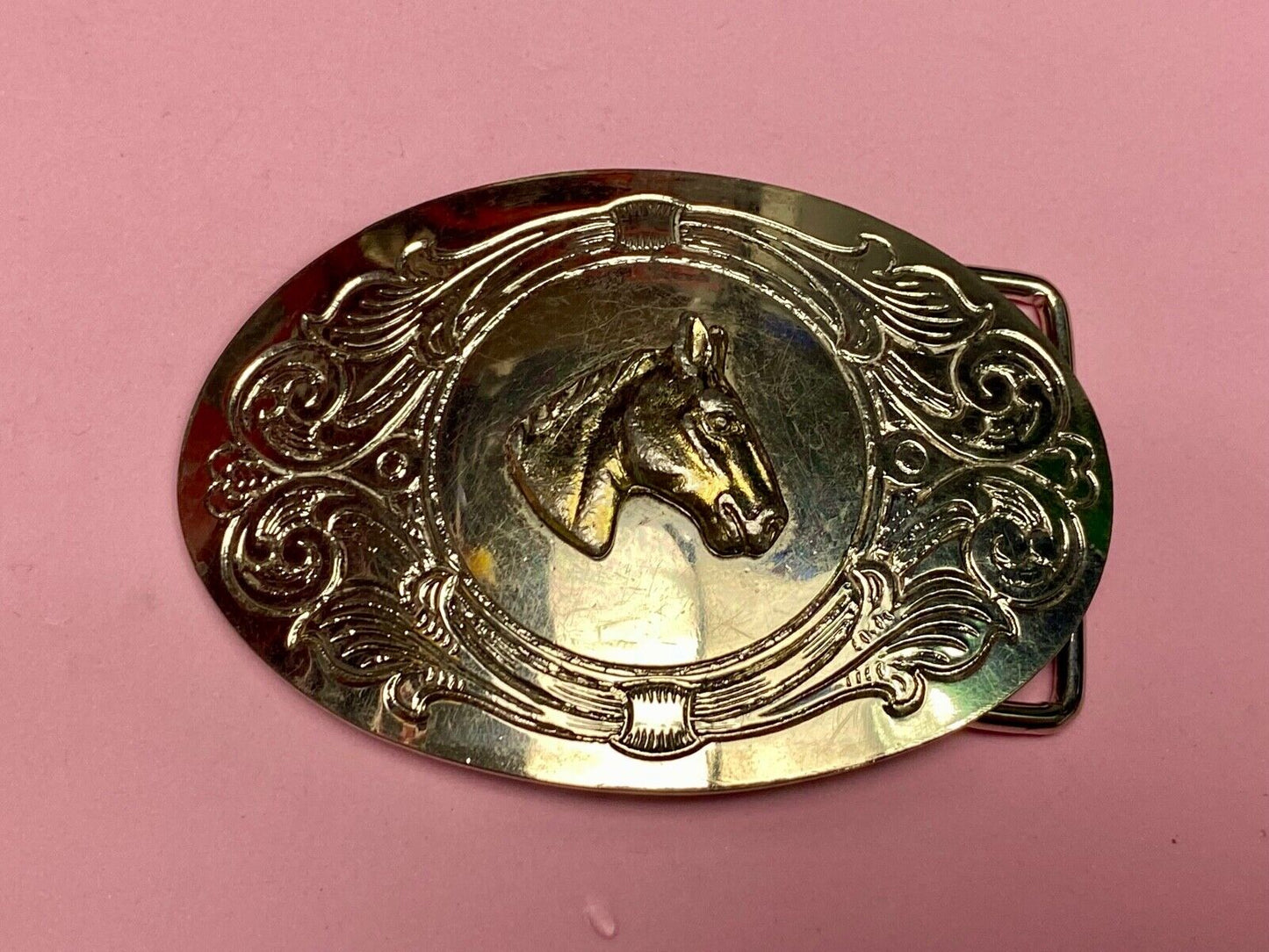 Beautiful Horse Bust Head Mixed Metal On Ornate Western Belt Buckle