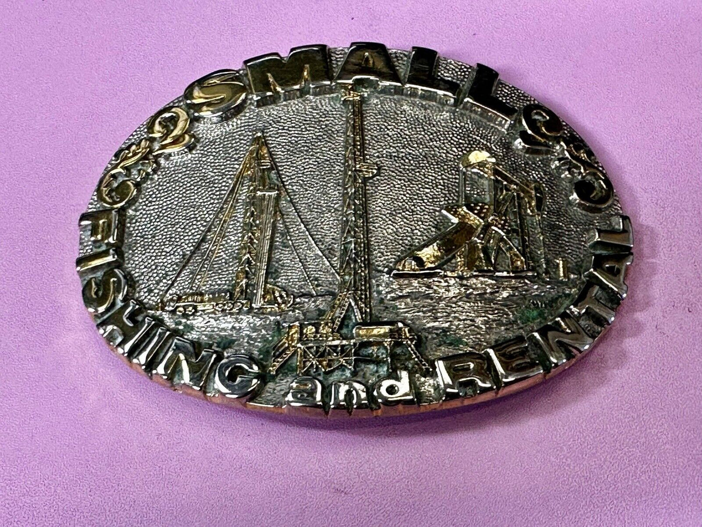 2 Small Fishing And Rental 24K Gold Plated Off Shore Oil Rig Belt Buckle By Adm