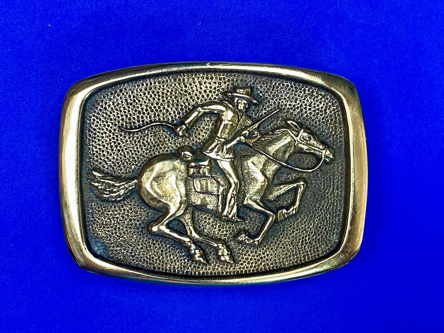 Vintage 1978 Horseback Rider Cowboy Bank Robber Solid Brass Belt Buckle By BTS