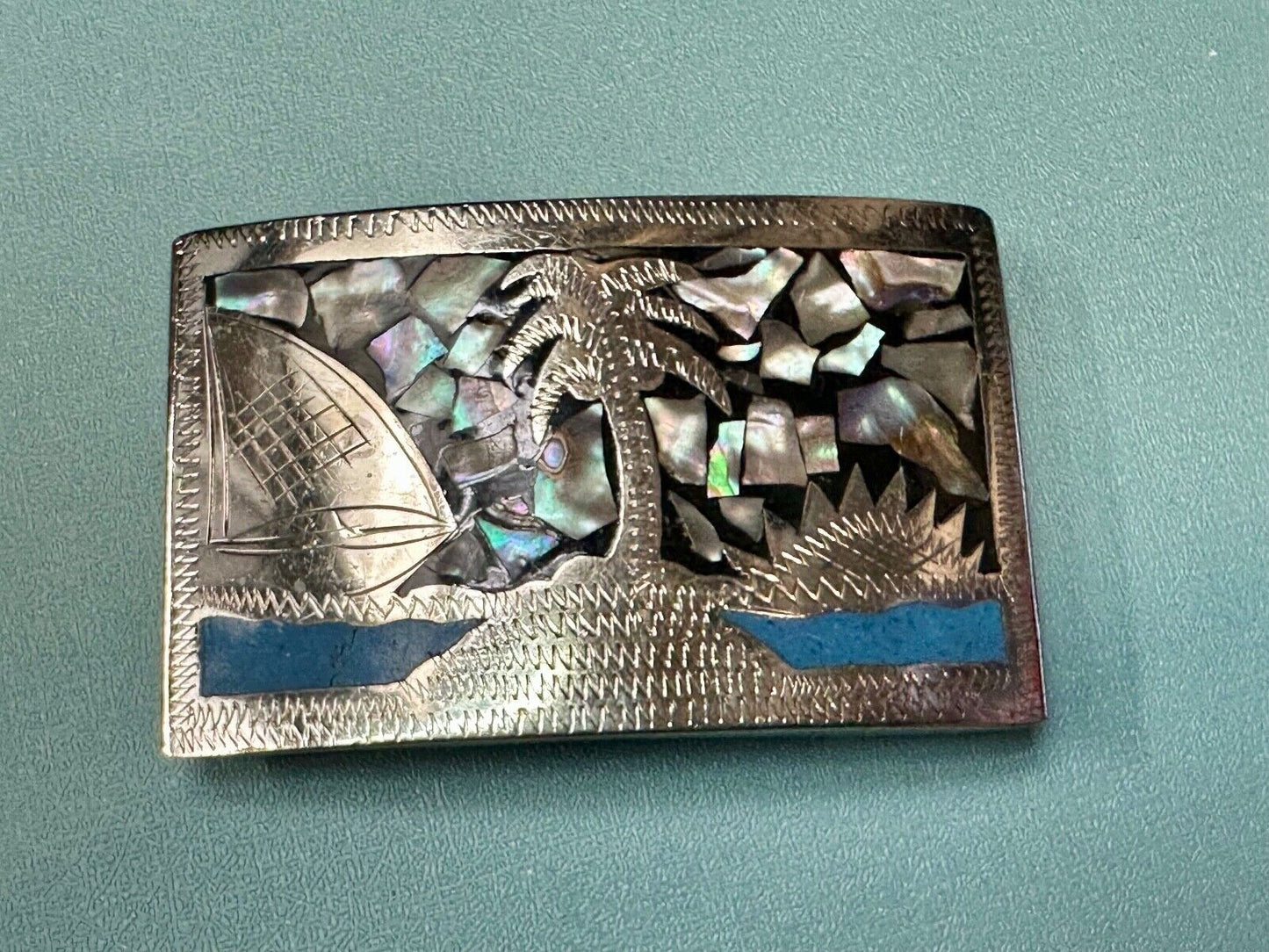 Beach Scene with Palm Tree - Inlaid Turquoise, Abalone Shell Vintage belt buckle