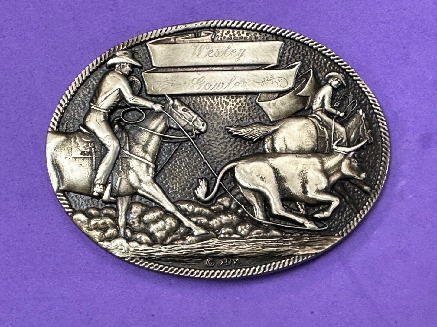 The Cattle Drive Western Rodeo Cowboys engraved award ribbon scroll belt buckle