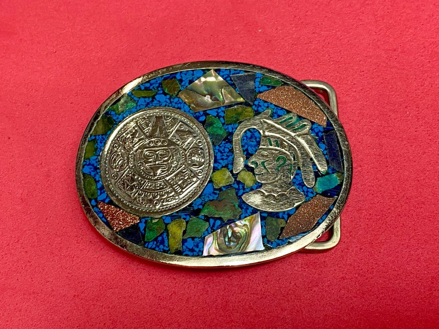 Aztec Mayan Calendar Coin Turquoise Inlay Mexico Sterling Silver Belt Buckle