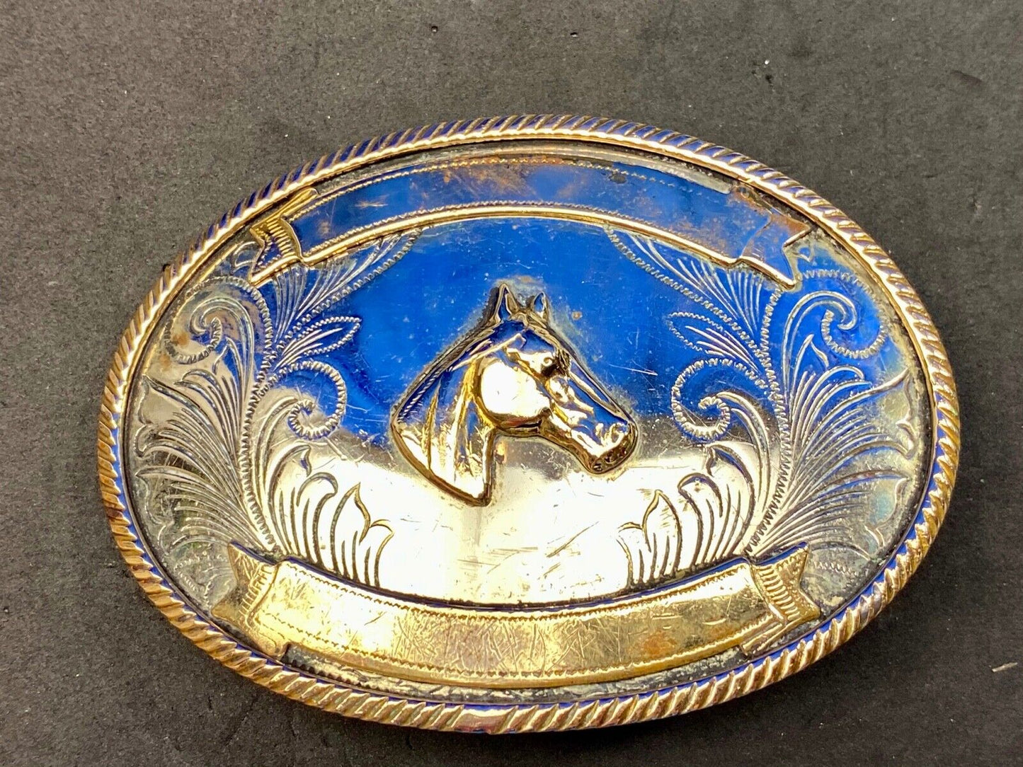 Beautiful Belt Buckle - Horse head bust made of German Silver with award scroll