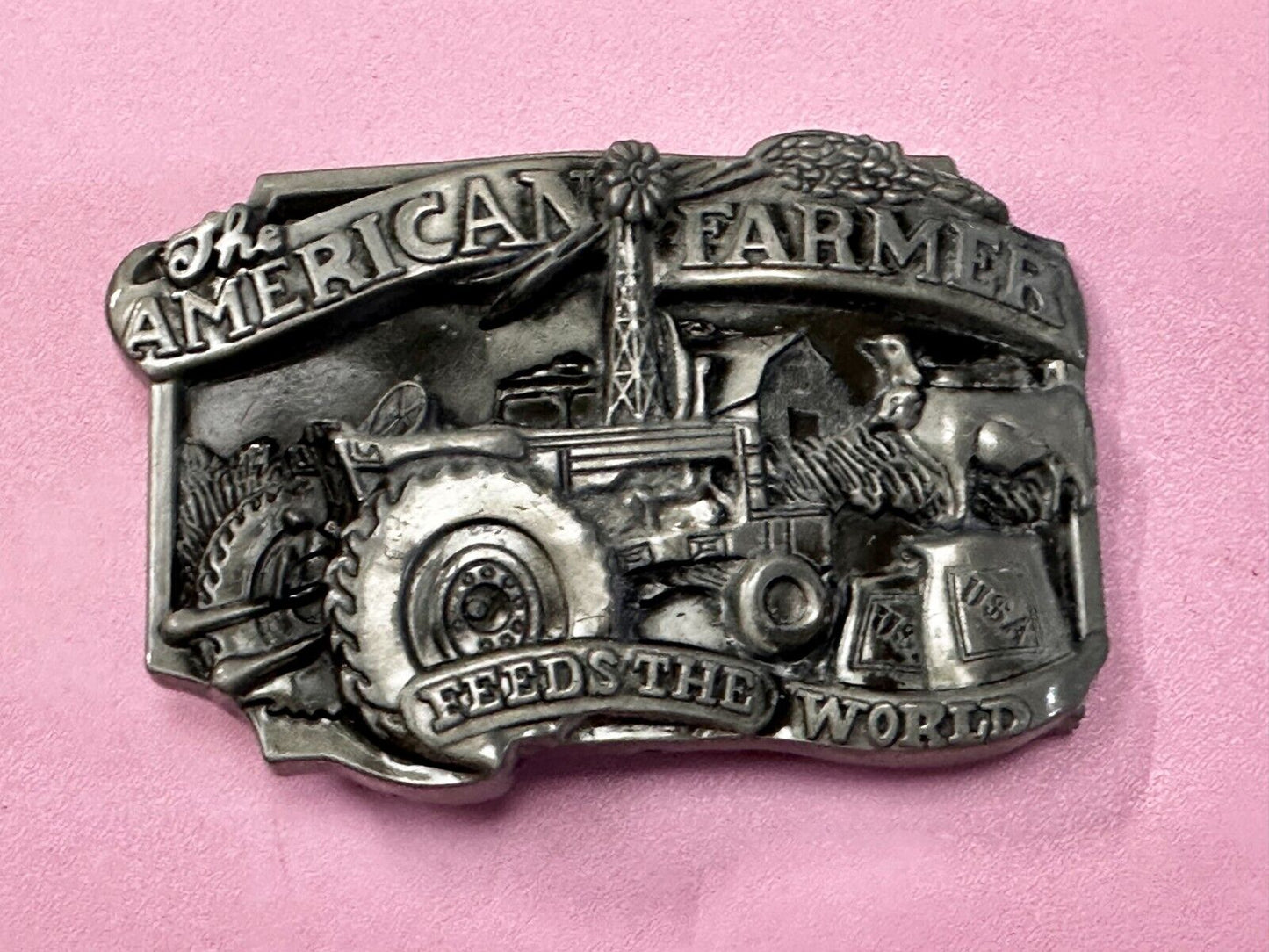 USA American Farmer Feeds The World Farm Barn Tractor Silver Color Belt Buckle