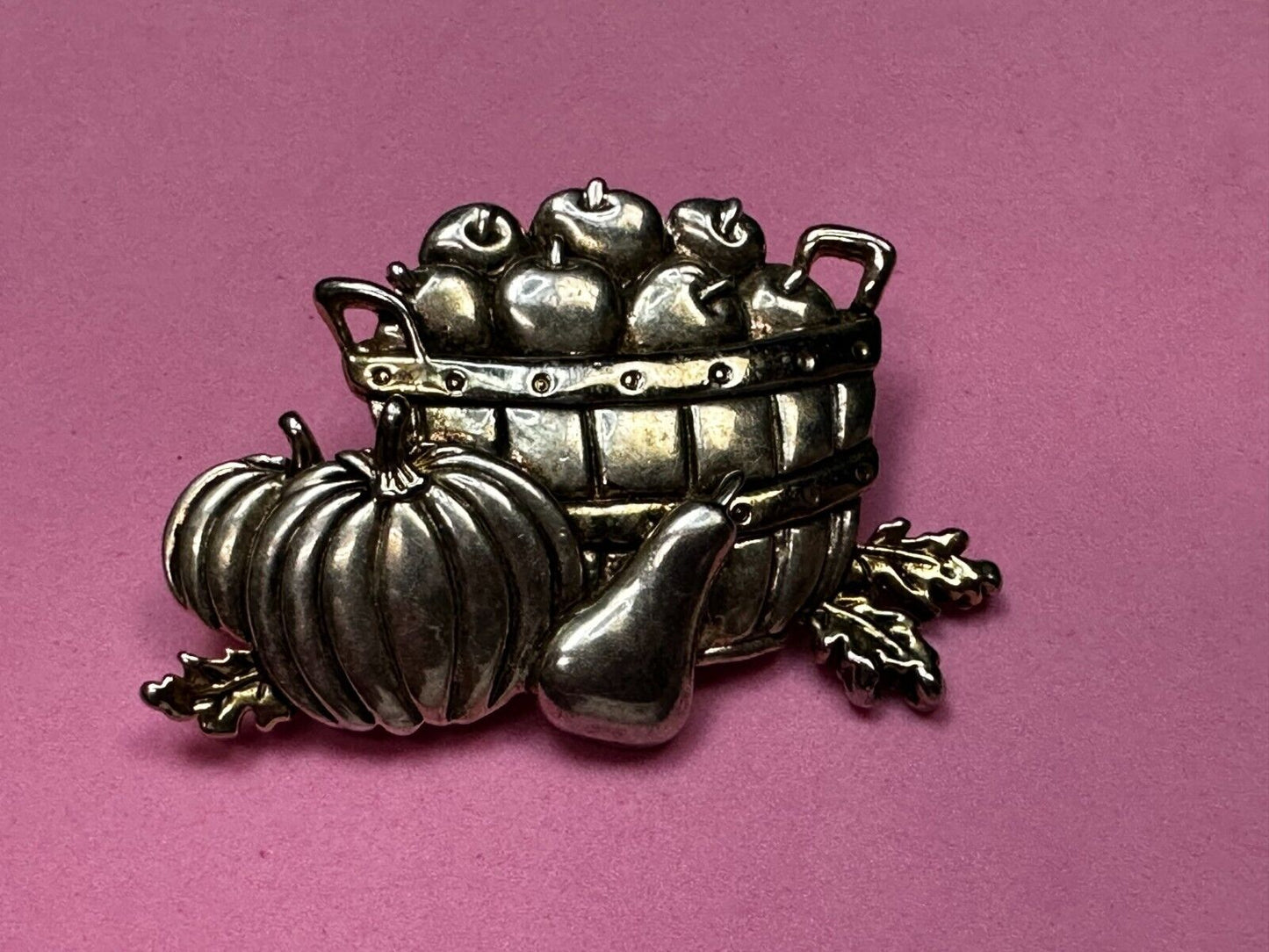 Apple Basket Pumpkin Fall Harvest Autumn Vintage Brooch Pin Signed by MJ