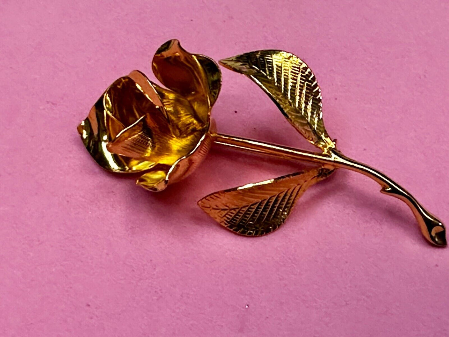 Beautiful Long Stem Rose Flower Gold Tone Vintage Brooch Pin Signed by Cerrito