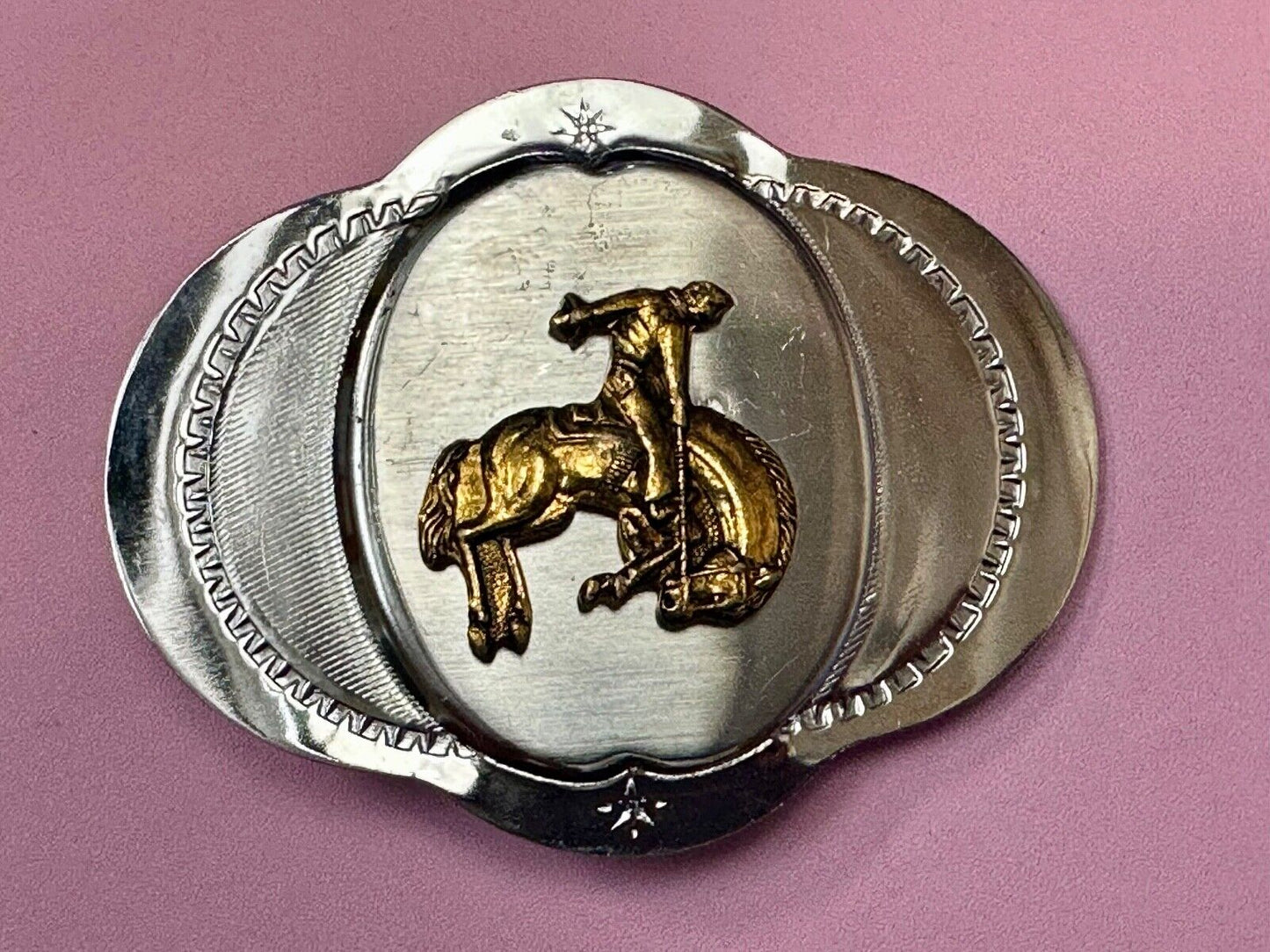 Vintage Cowboy Saddle Bronc western two tone unique shaped belt buckle