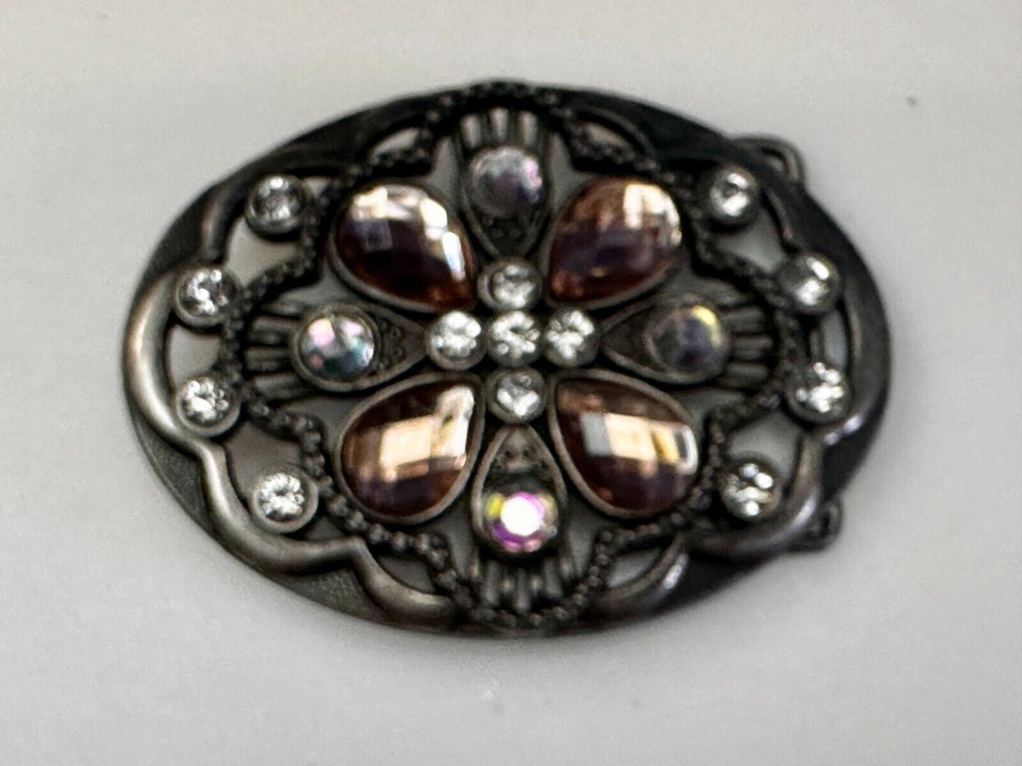 Beautiful Floral Design Silver Tone Metal W/ Rhinestones See Through Belt Buckle