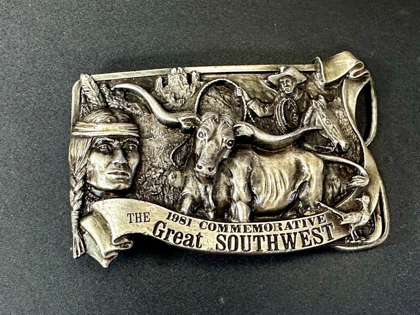 The Great Southwest Navajo Indian Hunter Commemorative Vintage 1981 Belt Buckle