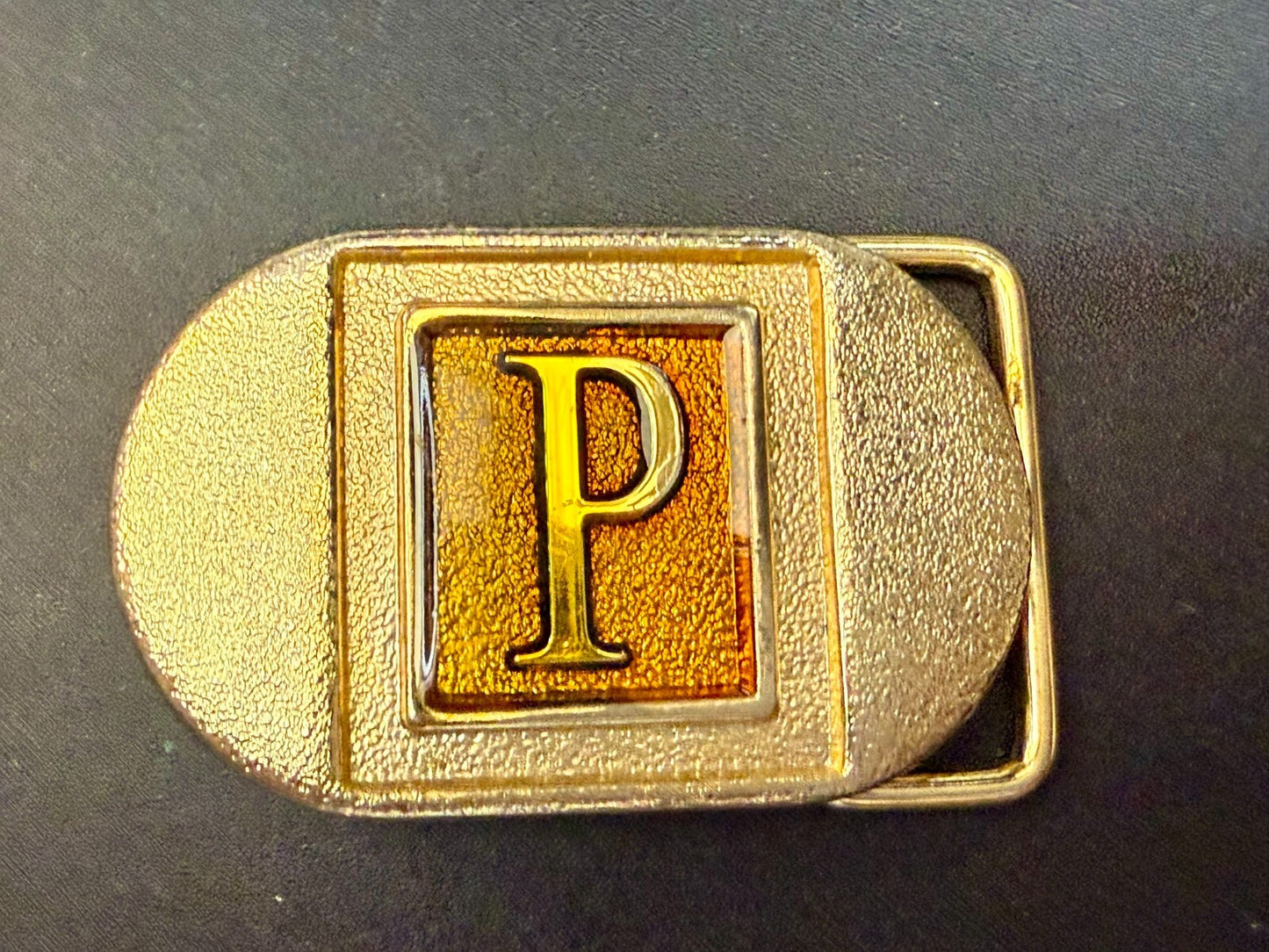 Vintage Custom Initial Letter P Two Tone Lee N.Y Small Belt Buckle