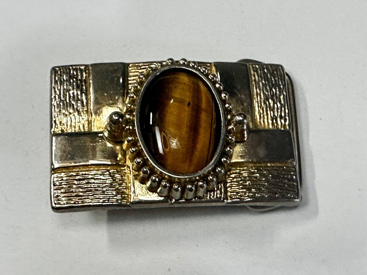 Tigers Eye Cabochon Stone Centerpiece on Western gold tone box theme Belt Buckle