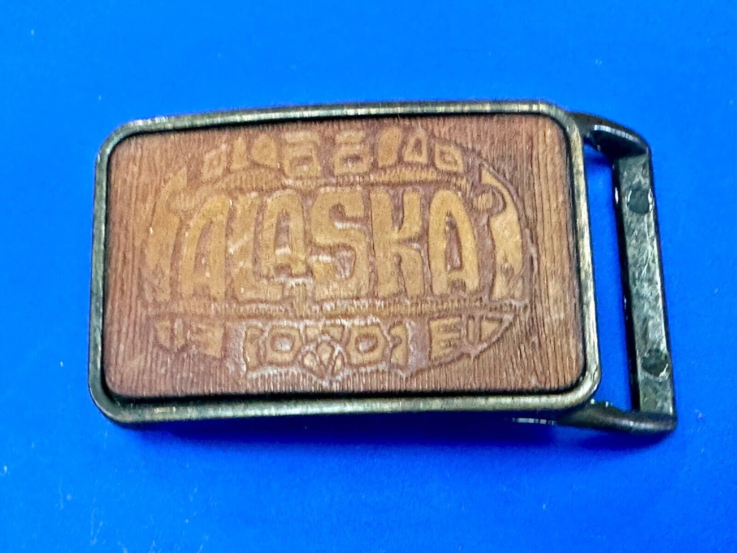 vintage Alaska Rodeo Faux? leather and brass western cowboy belt buckle