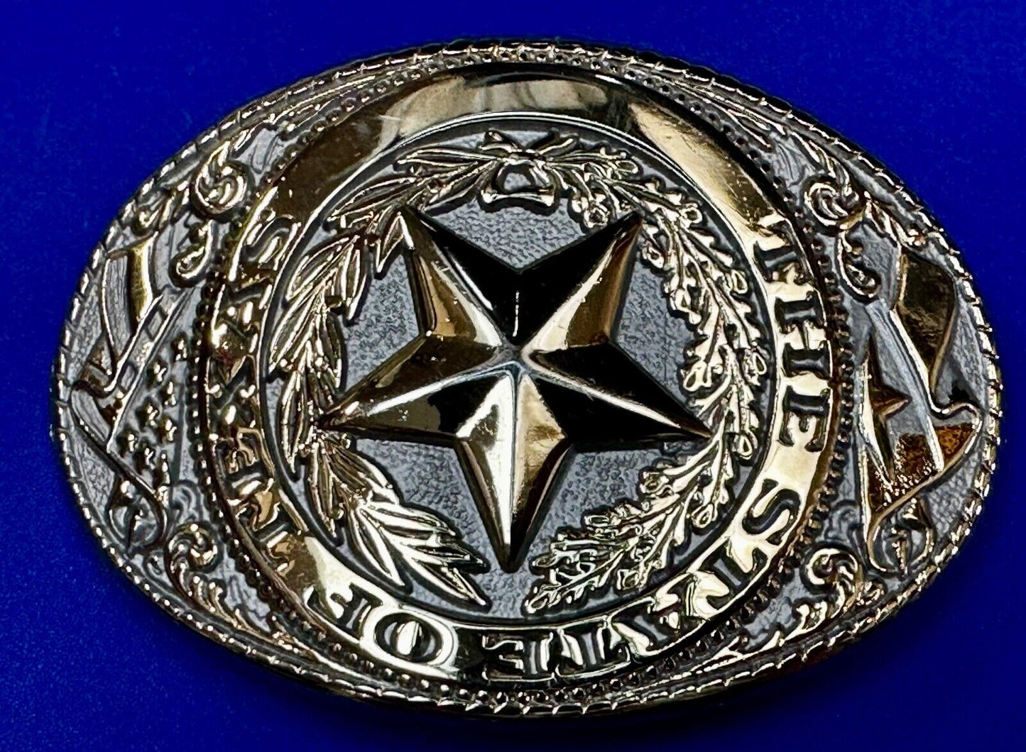 The Great State of Texas Star & Flag western Gold & White Color Belt Buckle