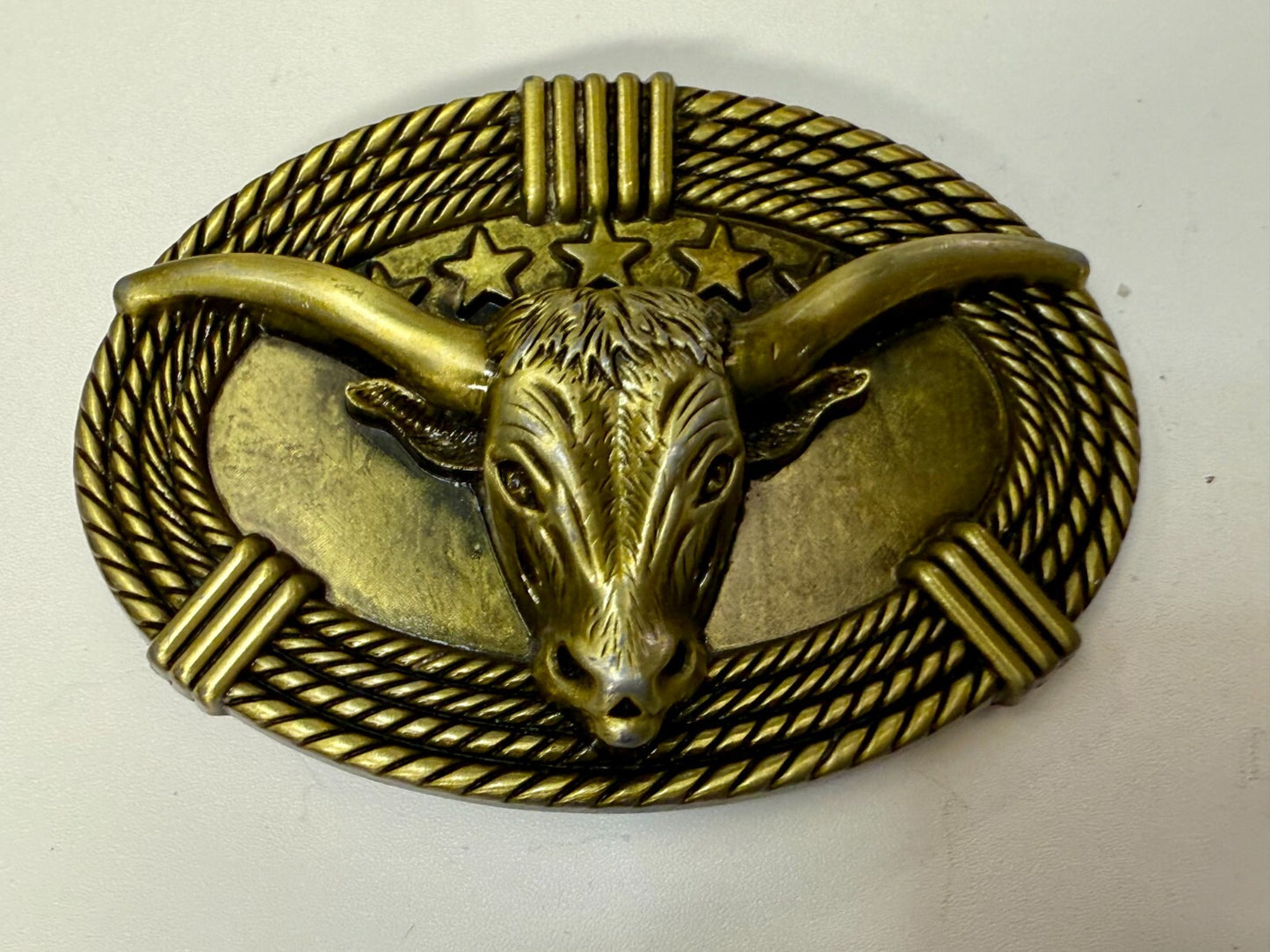 3D Longhorn Bull Head with Stars Rope Border Western Rodeo Cowboy Belt Buckle