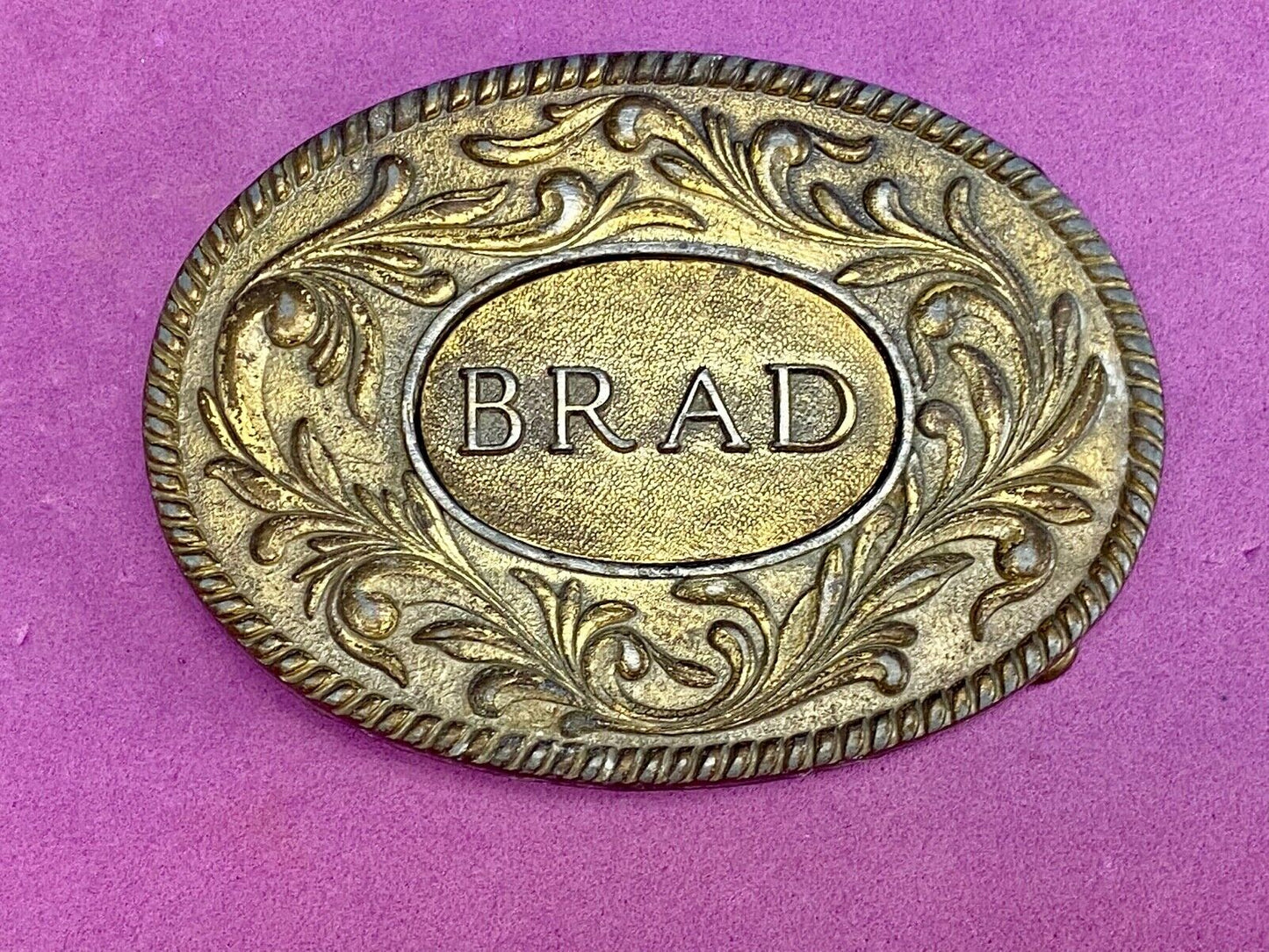 Vintage 70's The KINNEY Co BRAD Name western flower swirl Belt Buckle
