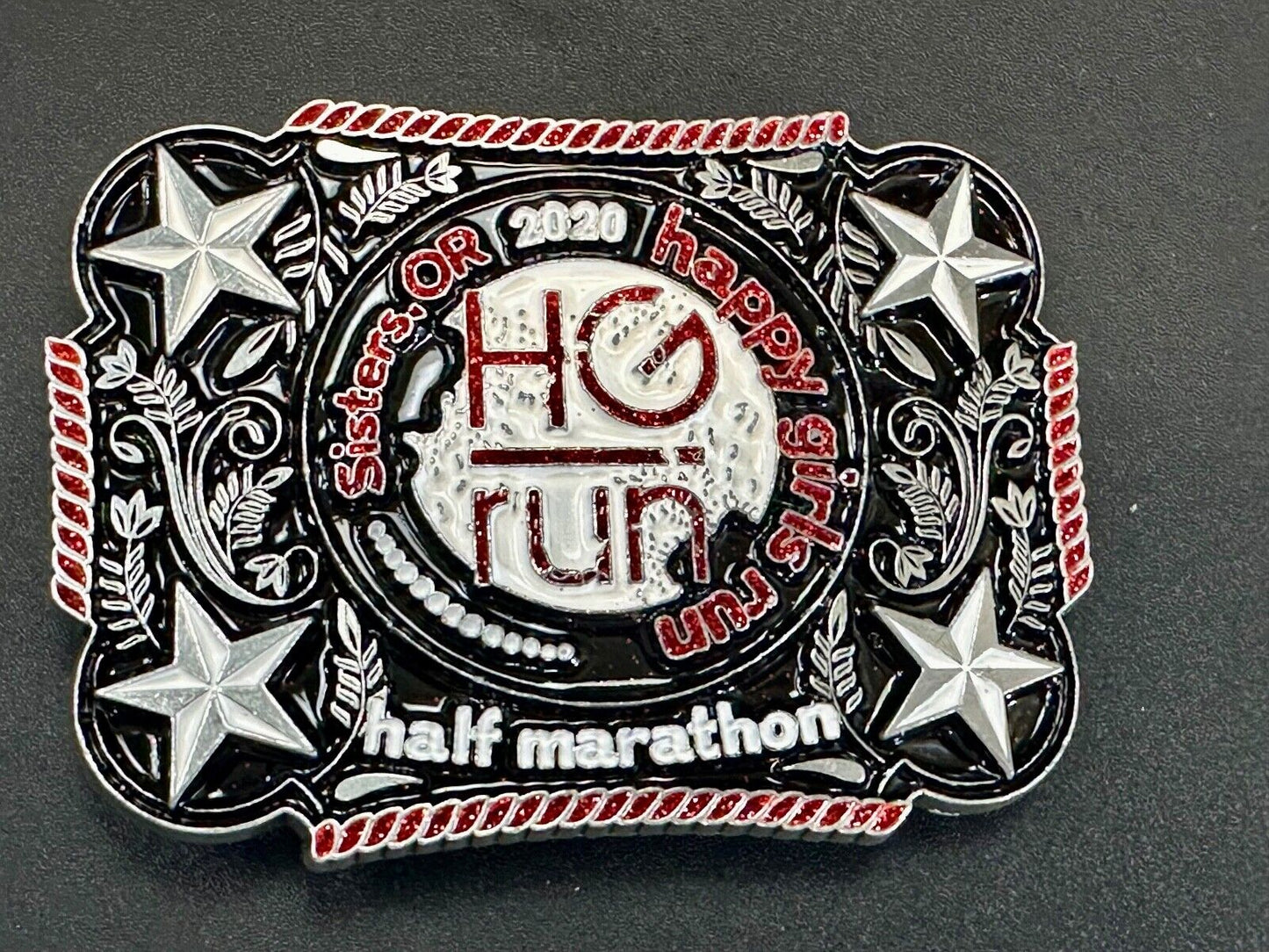 2020 Happy Girls Run HGR marathon silver tone stars in corner belt buckle