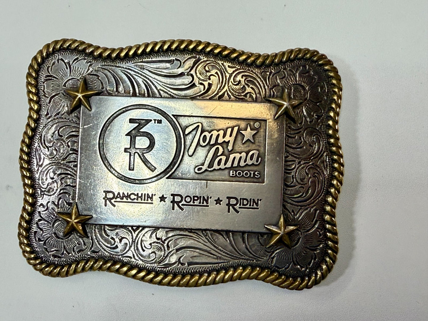 3R Ranch Ropin Ridin Gold Silver Tone Promotional Western Tony Lama Belt Buckle