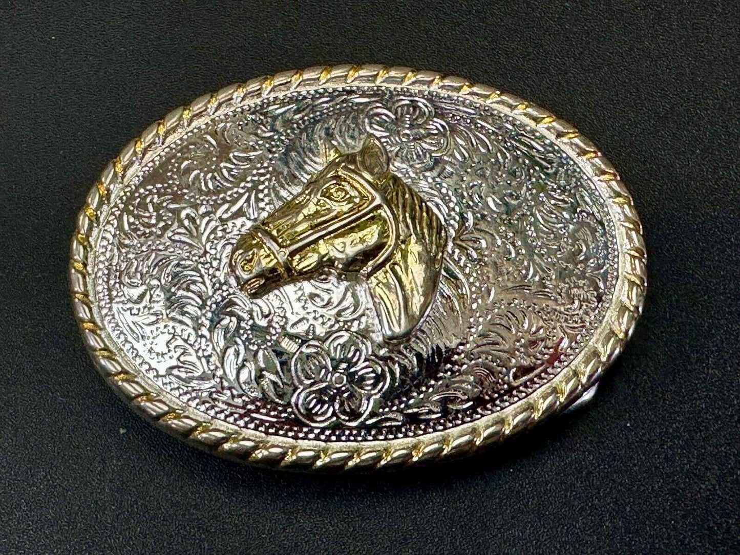 Vintage Horse Head Two tone oval western 2.75" wide belt buckle by Ivan