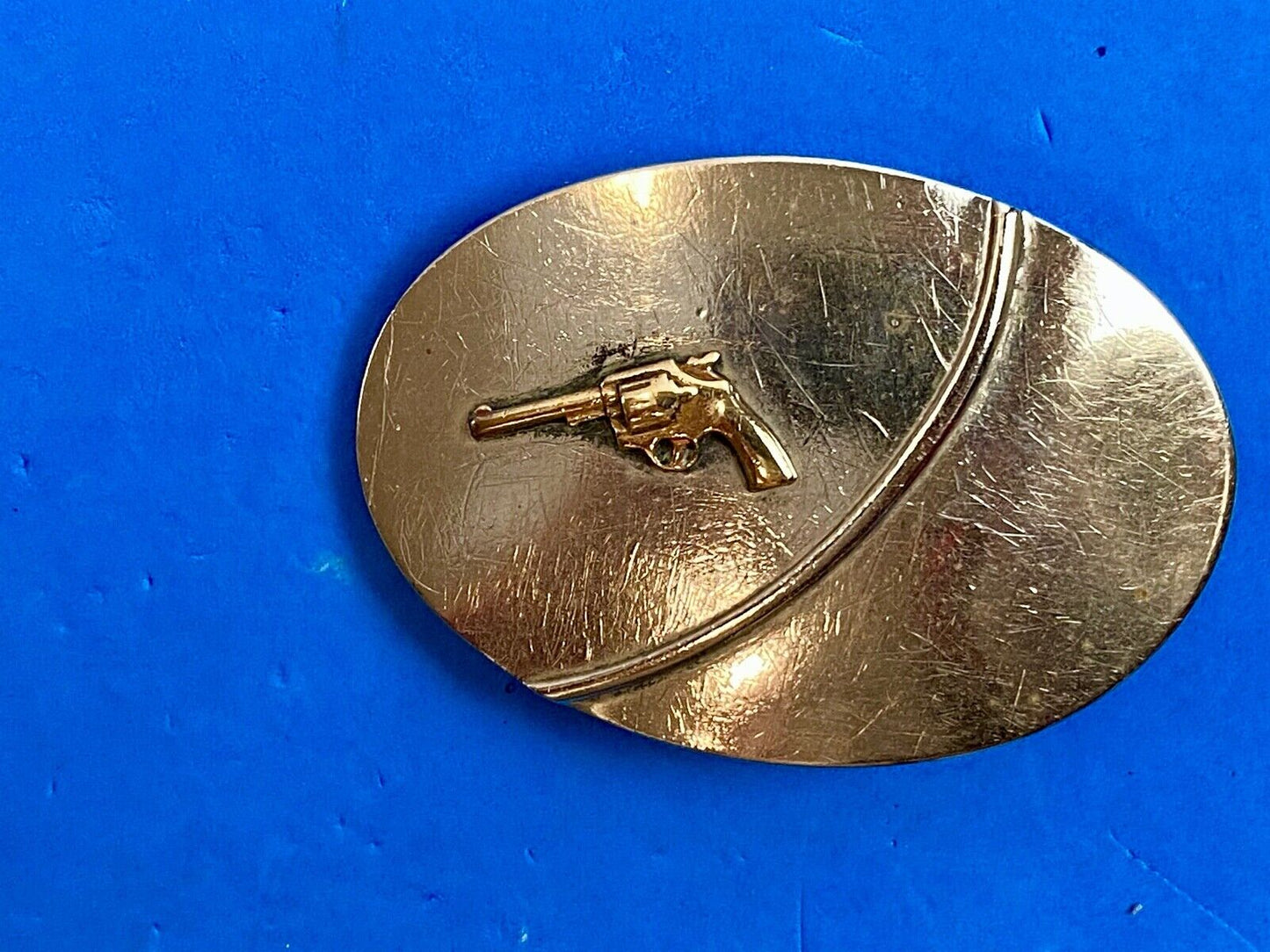 Vintage Chambers Belt Co. Silver Nickel Western stamped belt buckle gun pistol
