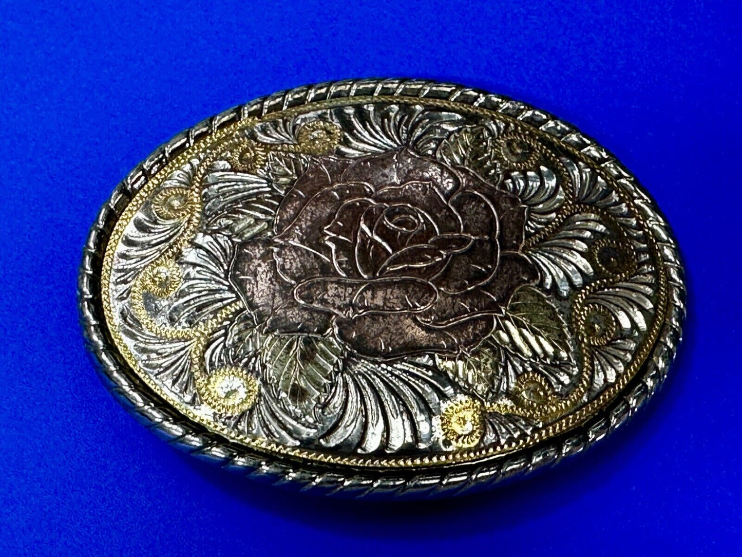 Beautiful Rose Flower Swirl Etched Design Mixed Metal Belt Buckle by W