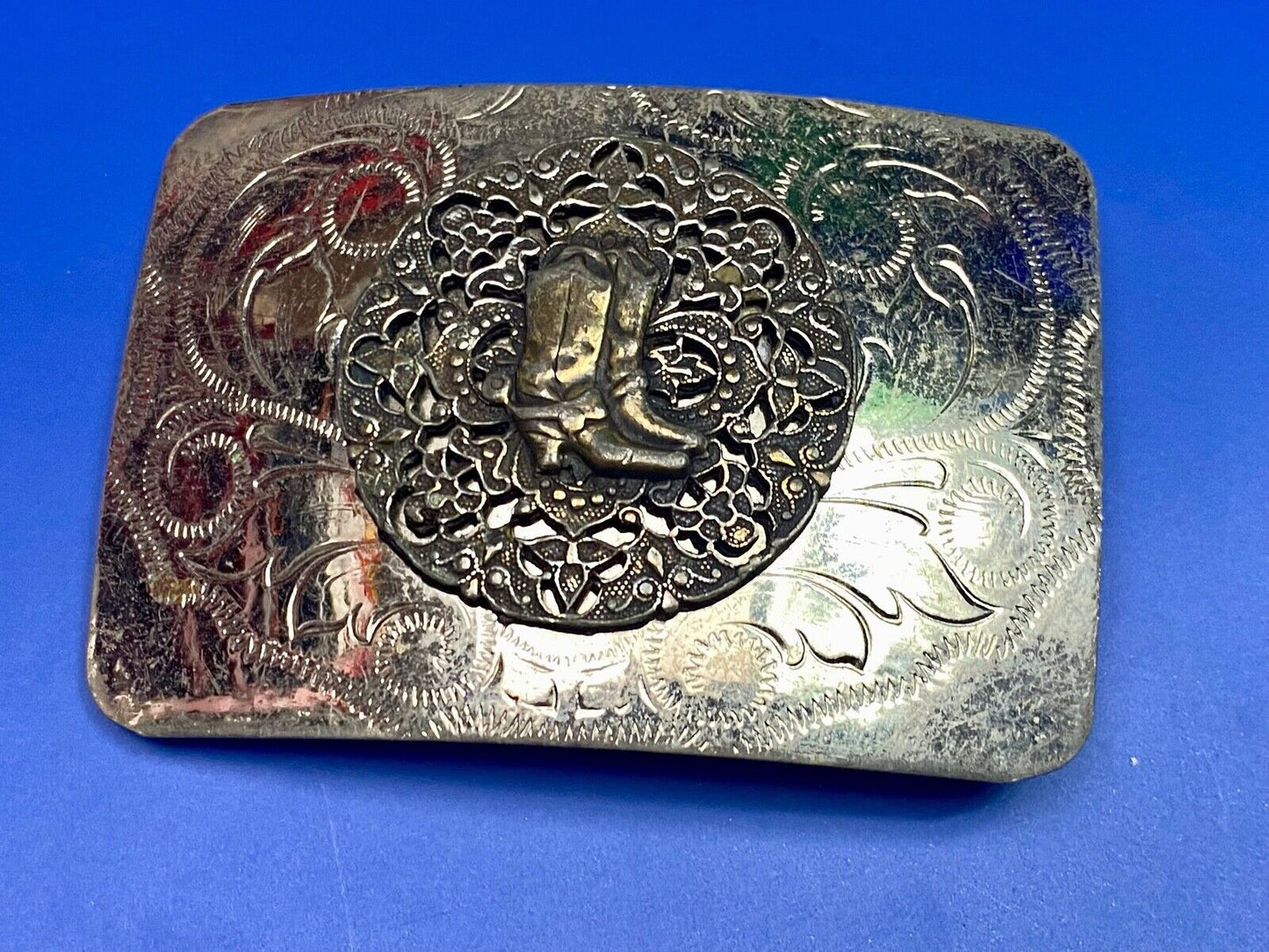 Beautiful Ornate Cowboy Boots W/ Spurs Western Vintage Flower Swirl Belt Buckle