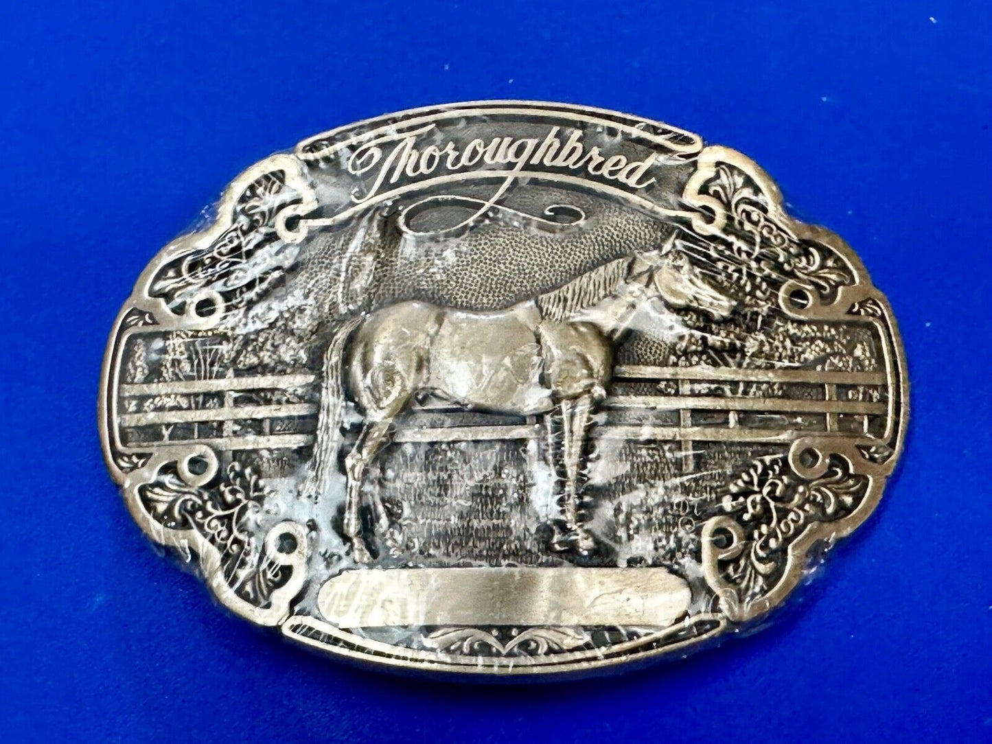 Thoroughbred Horse with Award Ribbon NOS Vintage ADM Solid Brass Belt Buckle