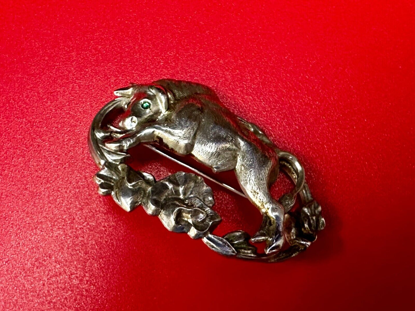 Taurus Bull 2" Wide Green Eyes -9 25 Sterling Silver Vintage Brooch by Otis