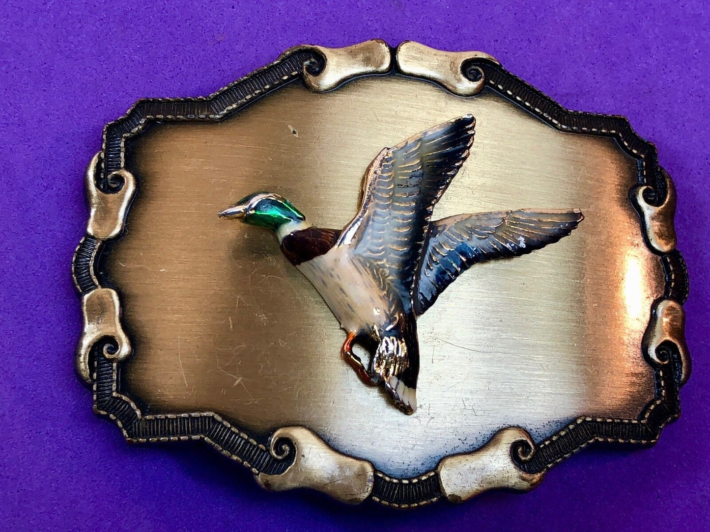Vintage 70s Raintree Duck Belt Buckle Brass Hand painted Gift For Him" Fisherman