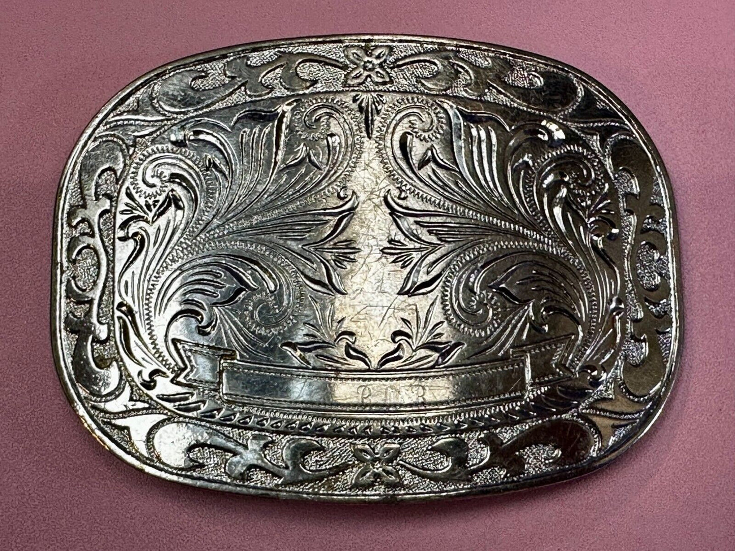 Vintage Award Ribbon Scroll Western Flower Swirl Design Used Belt Buckle