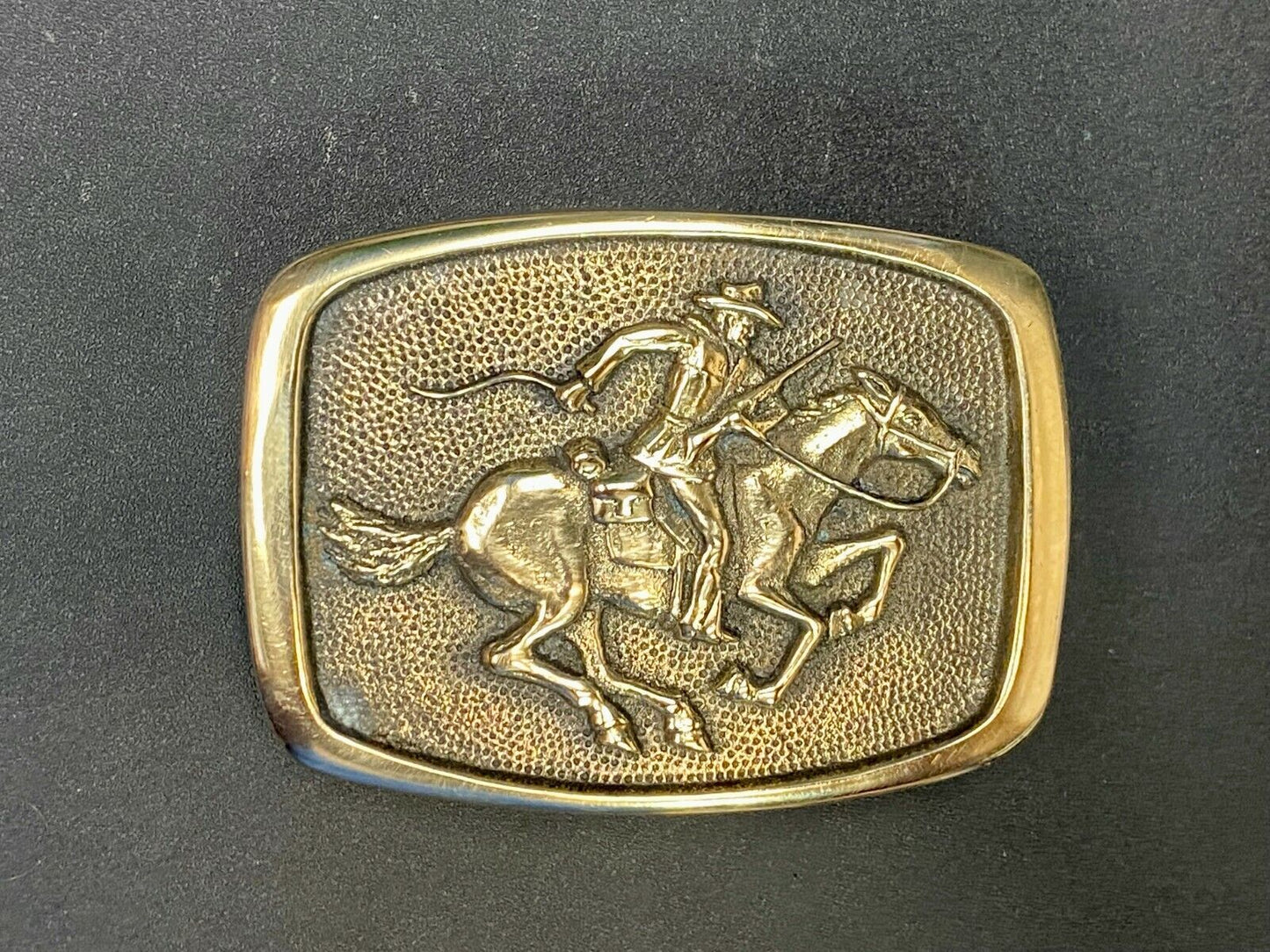 Vintage 1978 Horseback Rider Cowboy Bank Robber Solid Brass Belt Buckle By BTS