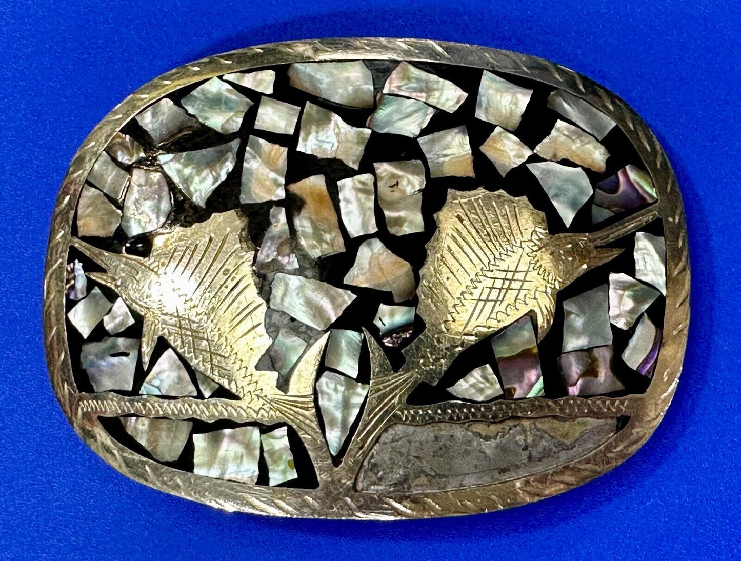 Swordfish with Abalone Shell Inlaid Western Belt Buckle - missing shell to repar