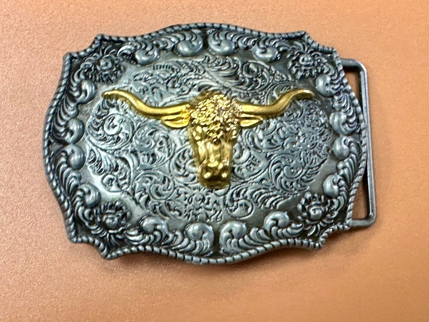 The Longhorn cow steer - cowboys cowgirls western raised two tone belt buckle