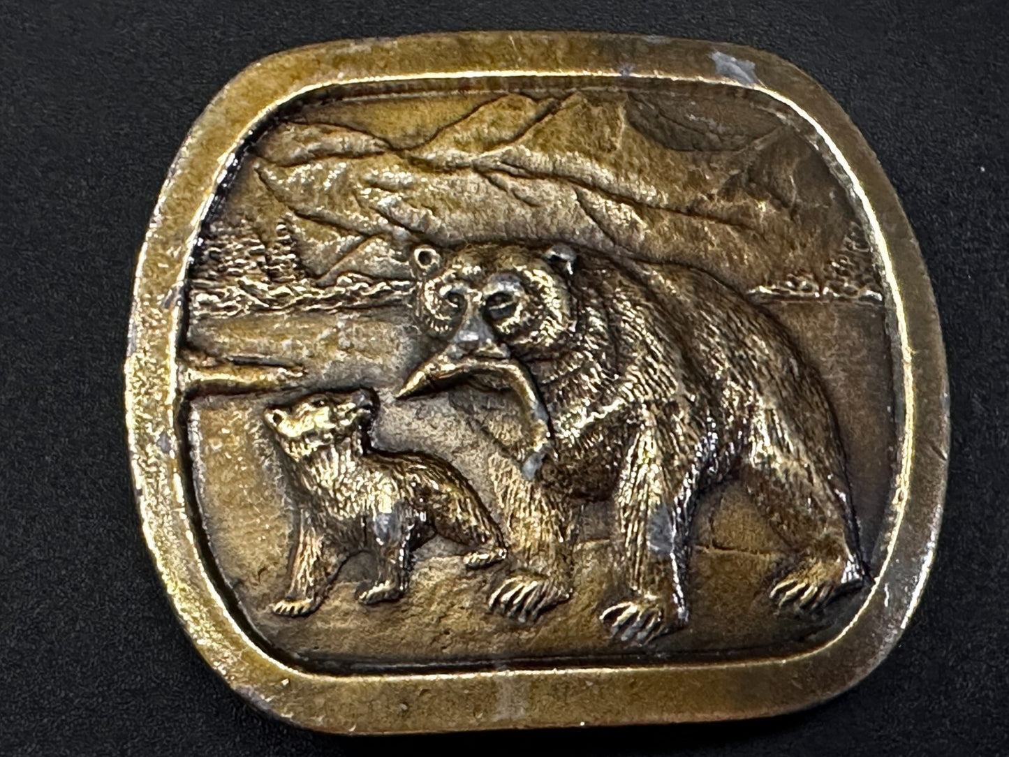 Bear with Cub Learn to Hunt Fish Mountain Scene 1976 Indiana Metal Belt Buckle