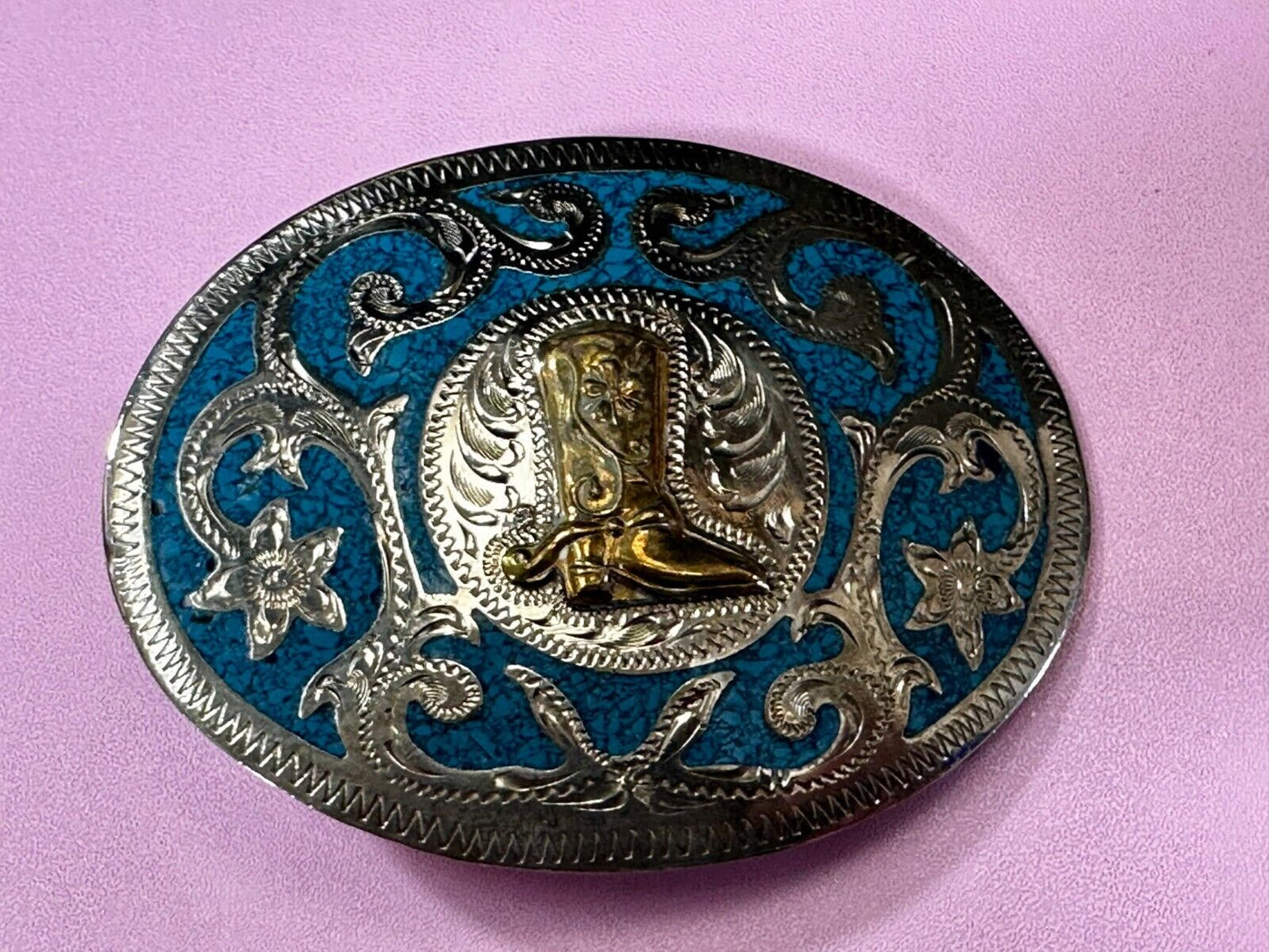 Beautiful Swirl Flower Cowboy Cowgirl Boots Western Ornate Vintage Belt Buckle